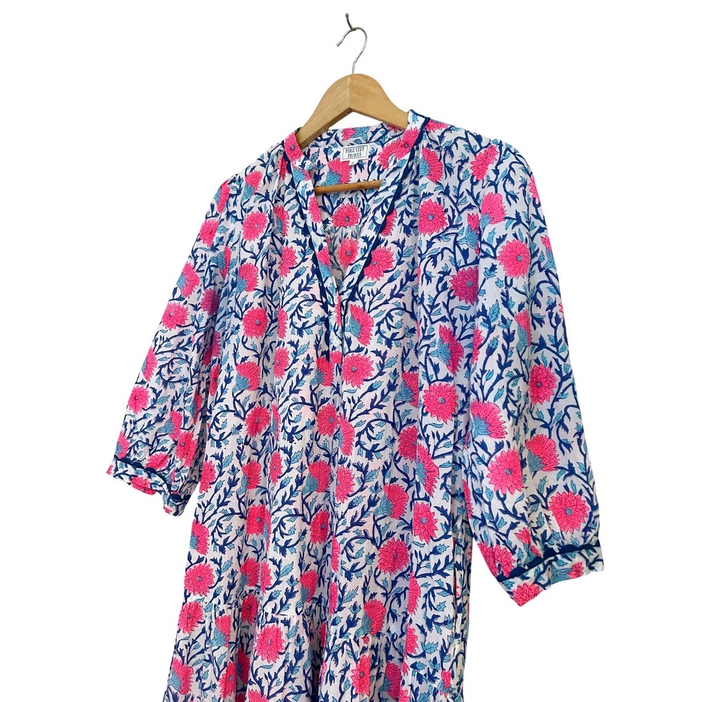 Pink City Prints Floral Block Print Cotton Midi Dress Pink‎ Blue Boho Small - Picture 3 of 9